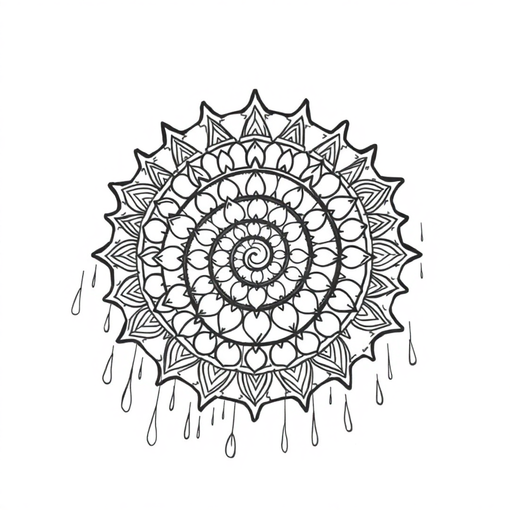 Abstract Spiral Mandala In Rain Coloring Page
