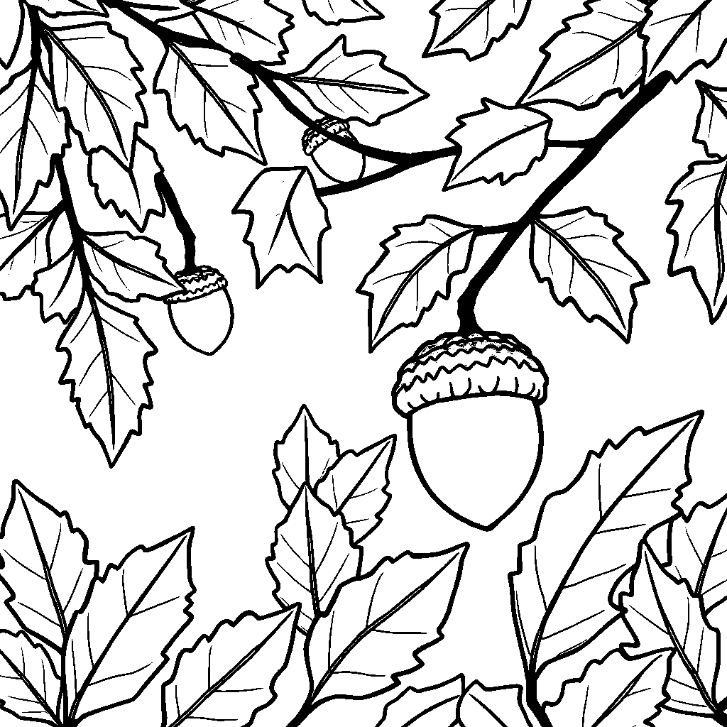 Acorn And Oak Leaves In Garden Coloring Page