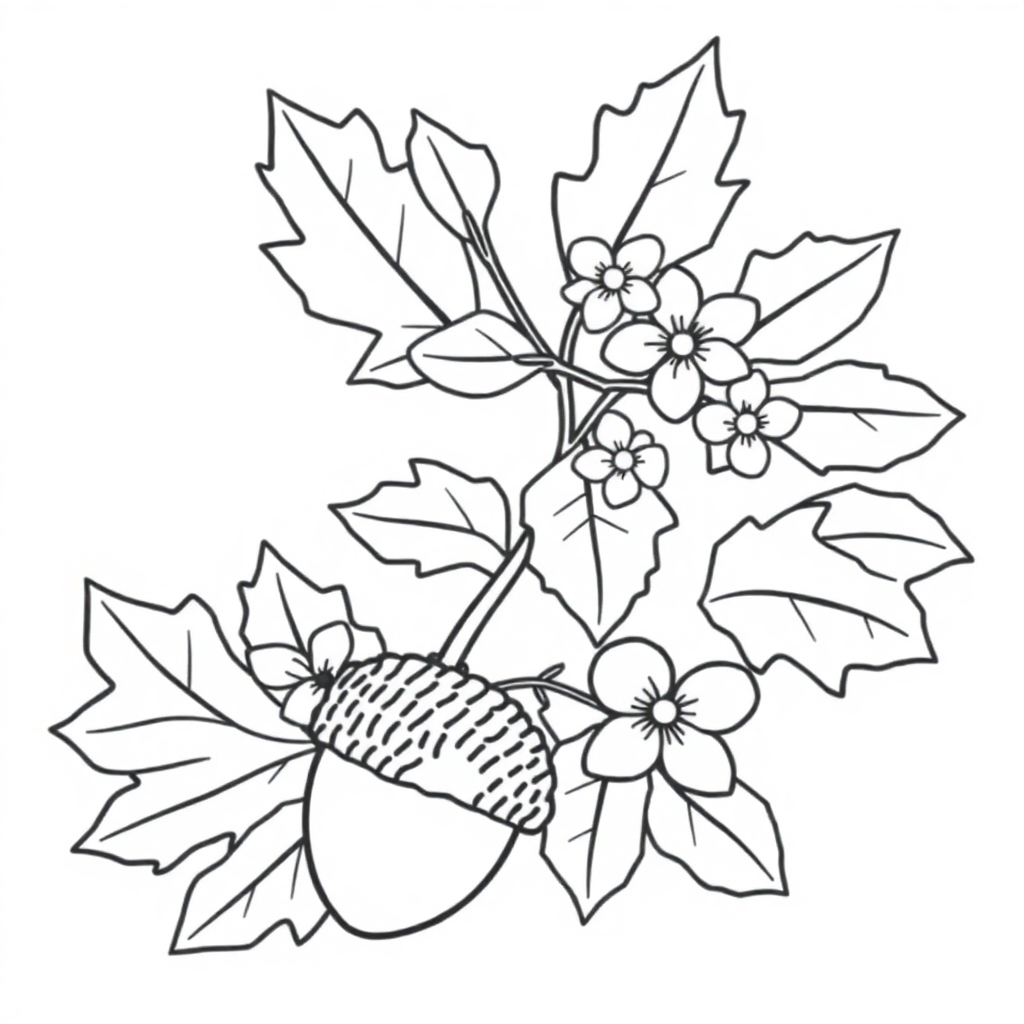 Acorn And Oak Leaves With Flowers Coloring Page