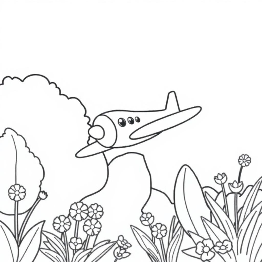 Airplane Flying In Garden Coloring Page