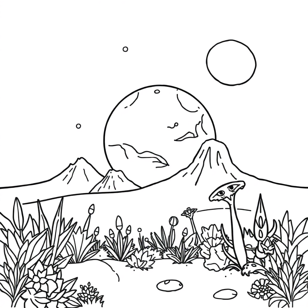 Alien Planet Landscape In Garden Coloring Page