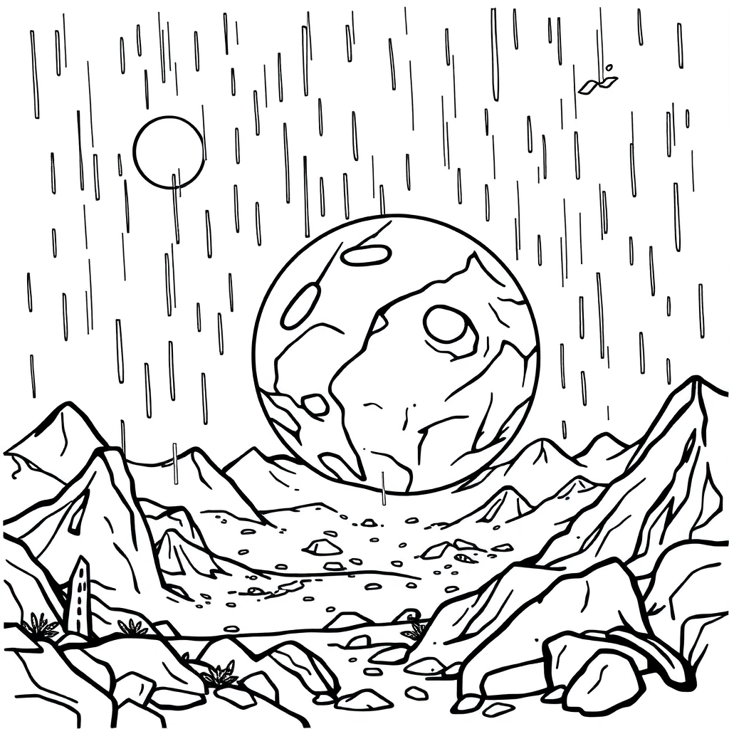 Alien Planet Landscape In Rain Coloring Page