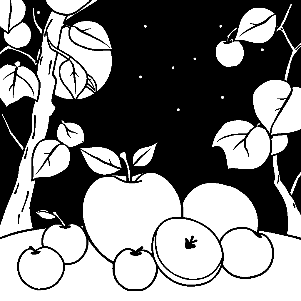 Apple And Fruits At Night Coloring Page