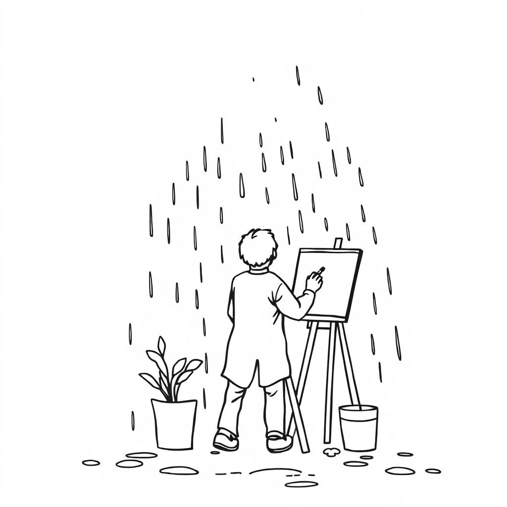 Artist Painting In Rain Coloring Page