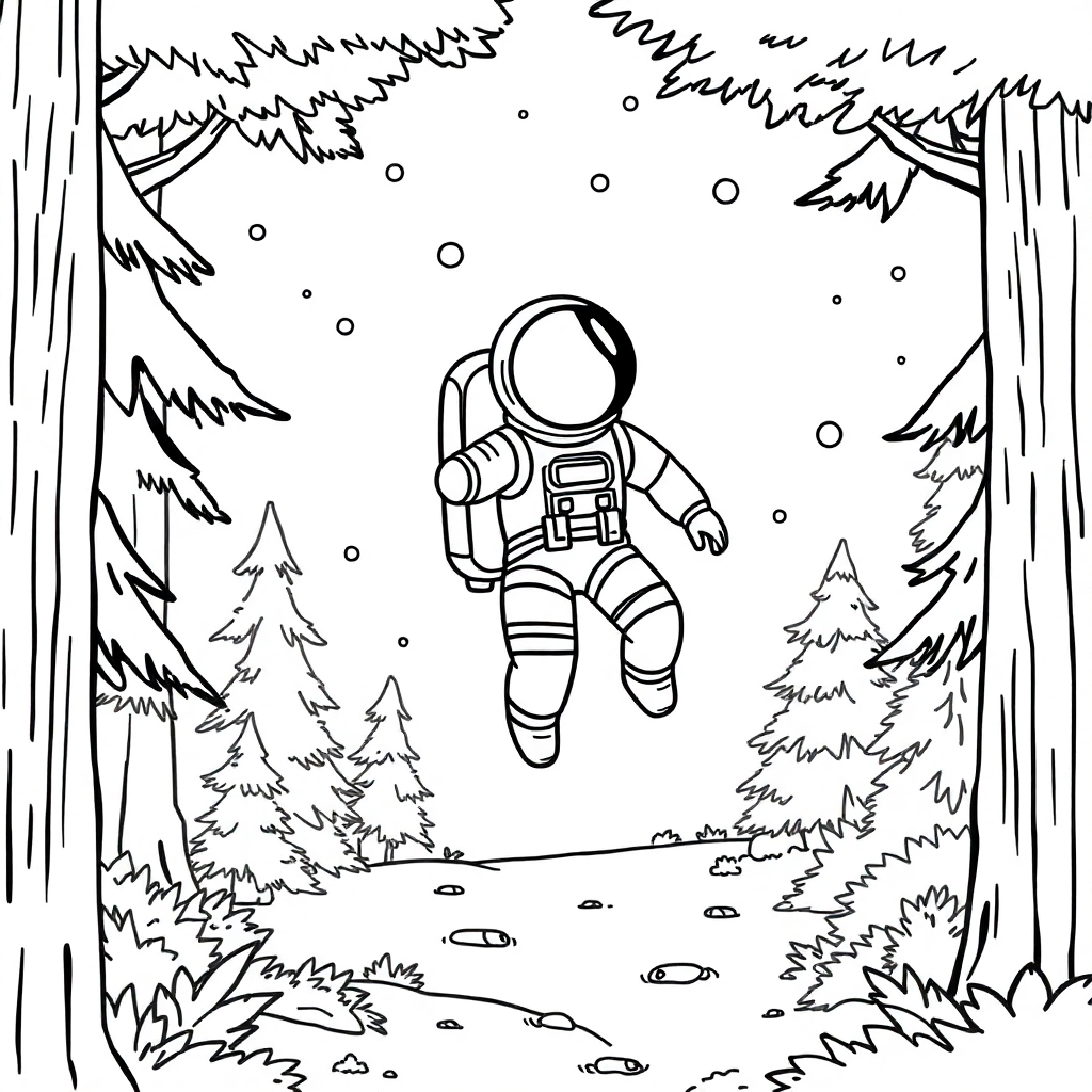 Astronaut Floating In Space In Forest Coloring Page