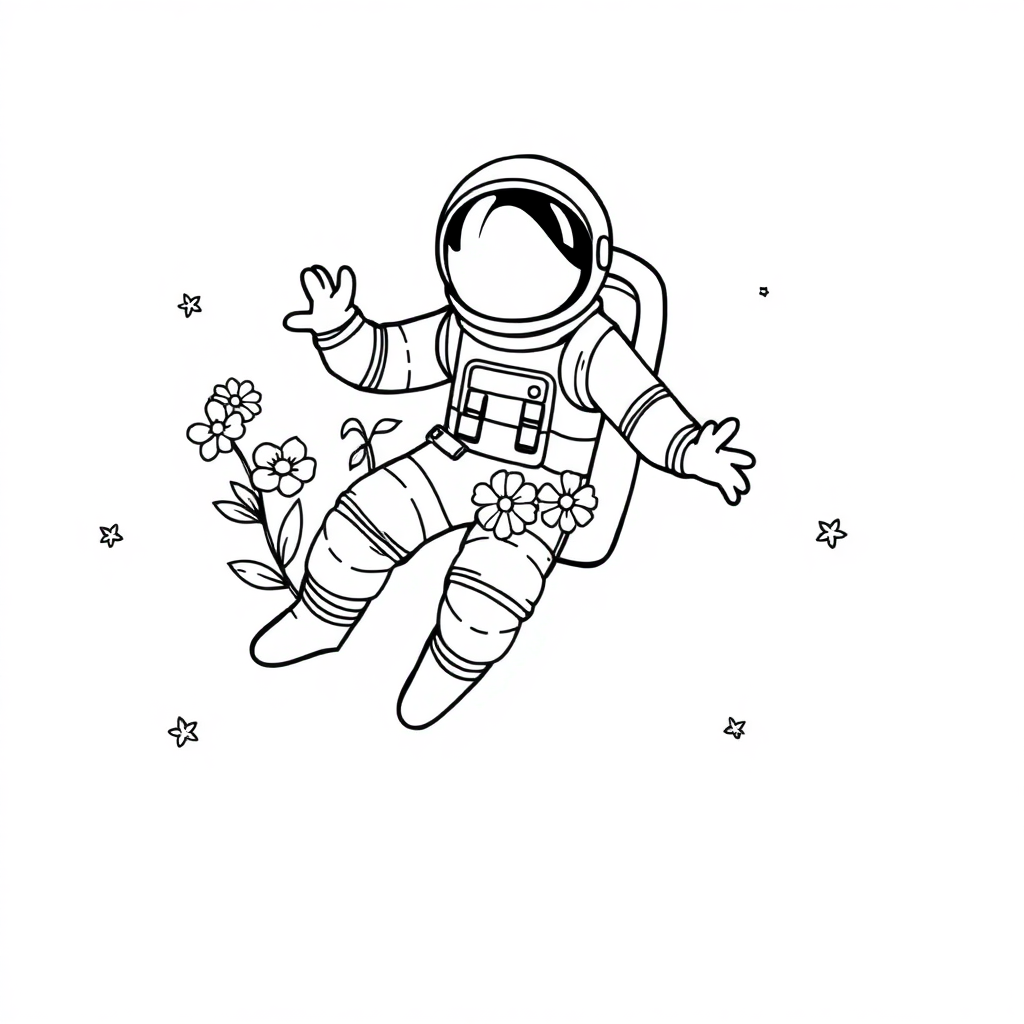 Astronaut Floating In Space With Flowers Coloring Page
