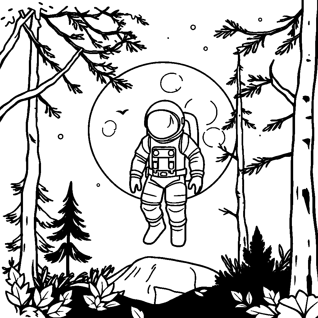 Astronaut On Moon In Forest Coloring Page