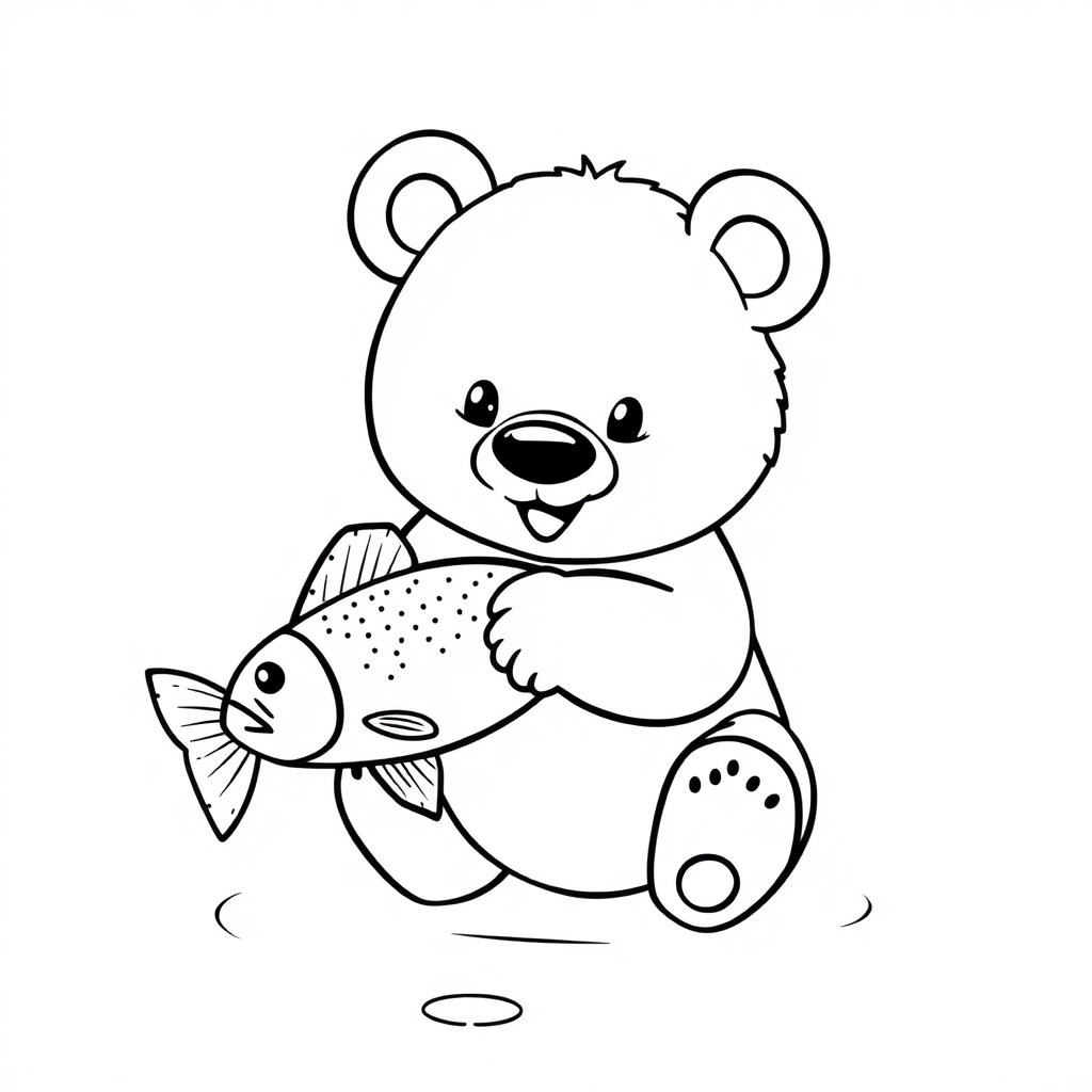 Baby Bear Catching Fish Coloring Page