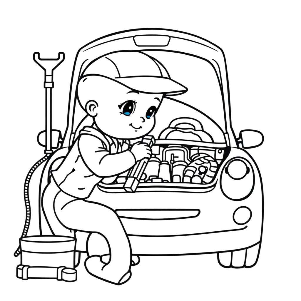 Baby Mechanic Fixing Car Coloring Page