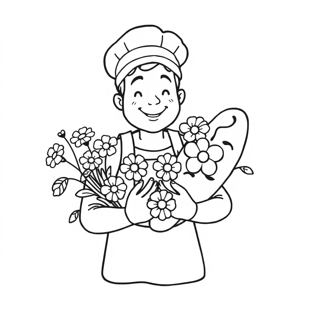 Baker With Bread With Flowers Coloring Page
