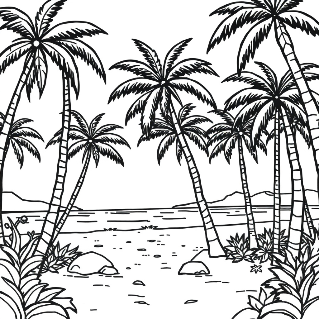 Beach With Palm Trees In Forest Coloring Page