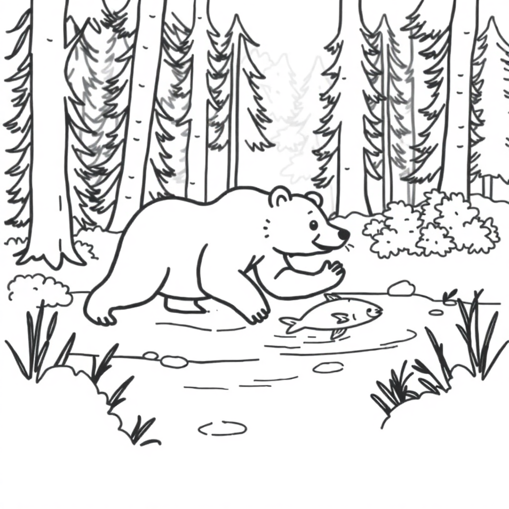 Bear Catching Fish In Forest Coloring Page