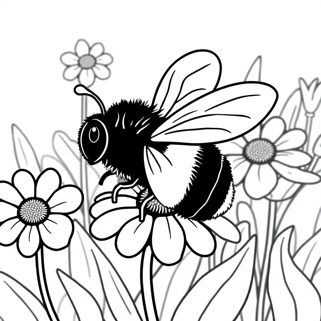 Bee On Flower In Garden Coloring Page