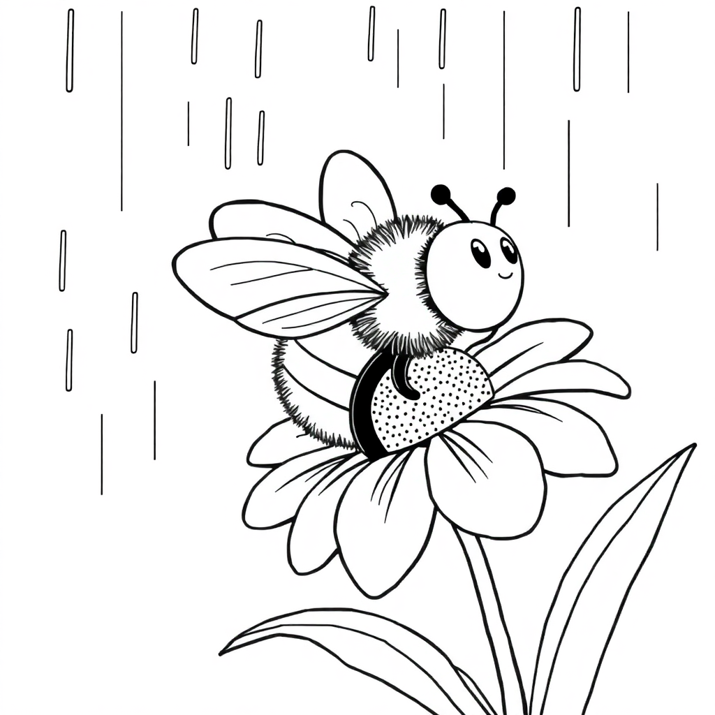 Bee On Flower In Rain Coloring Page