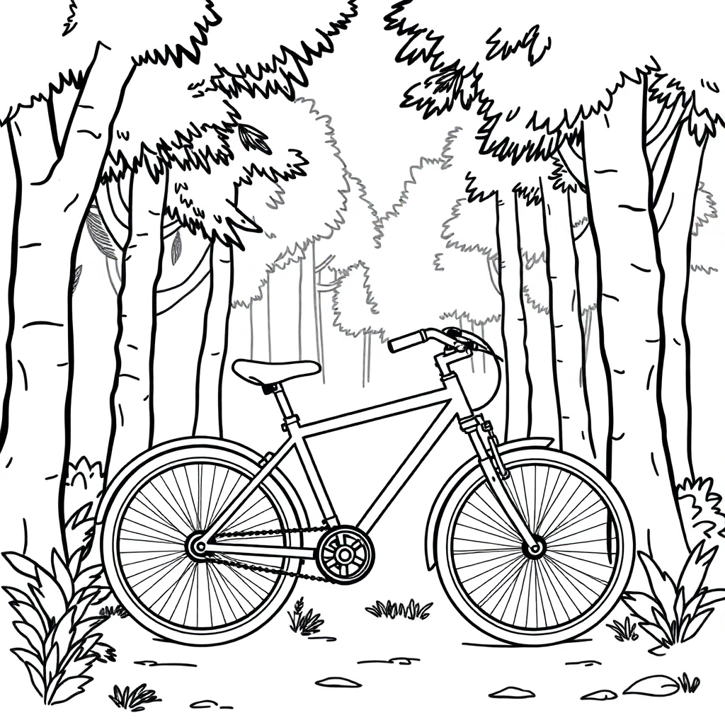Bicycle In Forest Coloring Page