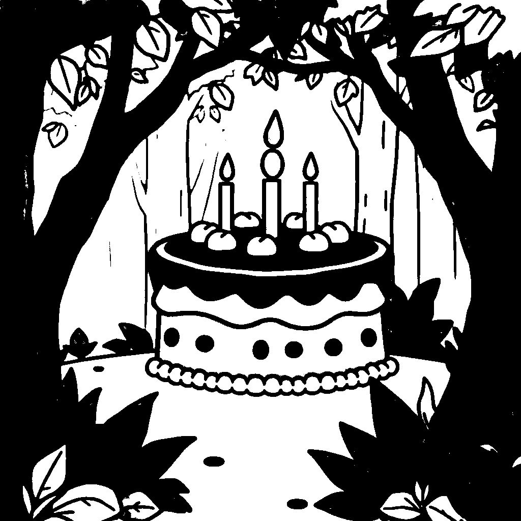 Birthday Cake In Forest Coloring Page