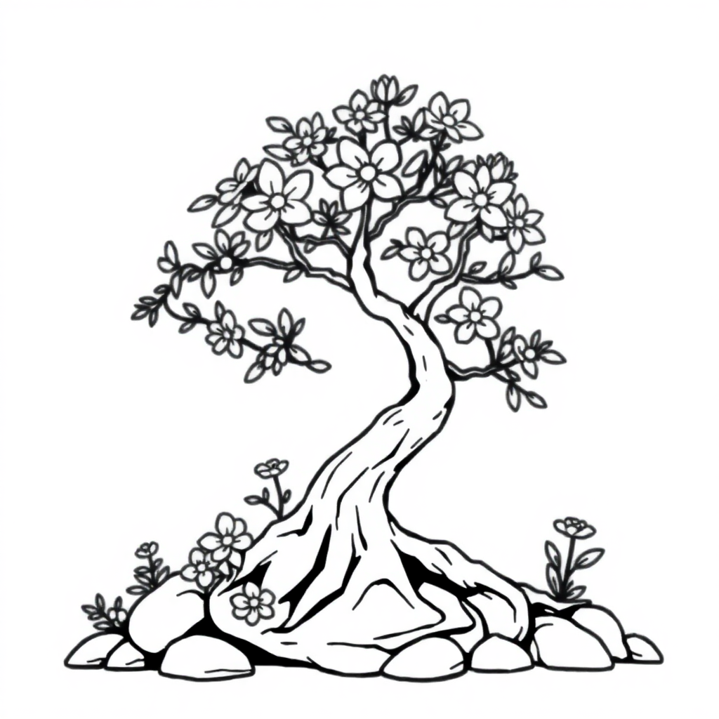Bonsai Tree With Flowers Coloring Page