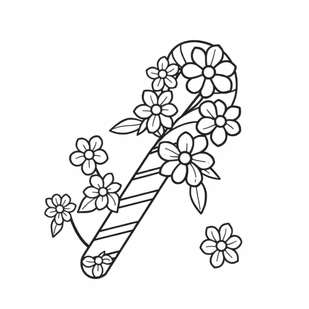 Candy Cane With Flowers Coloring Page