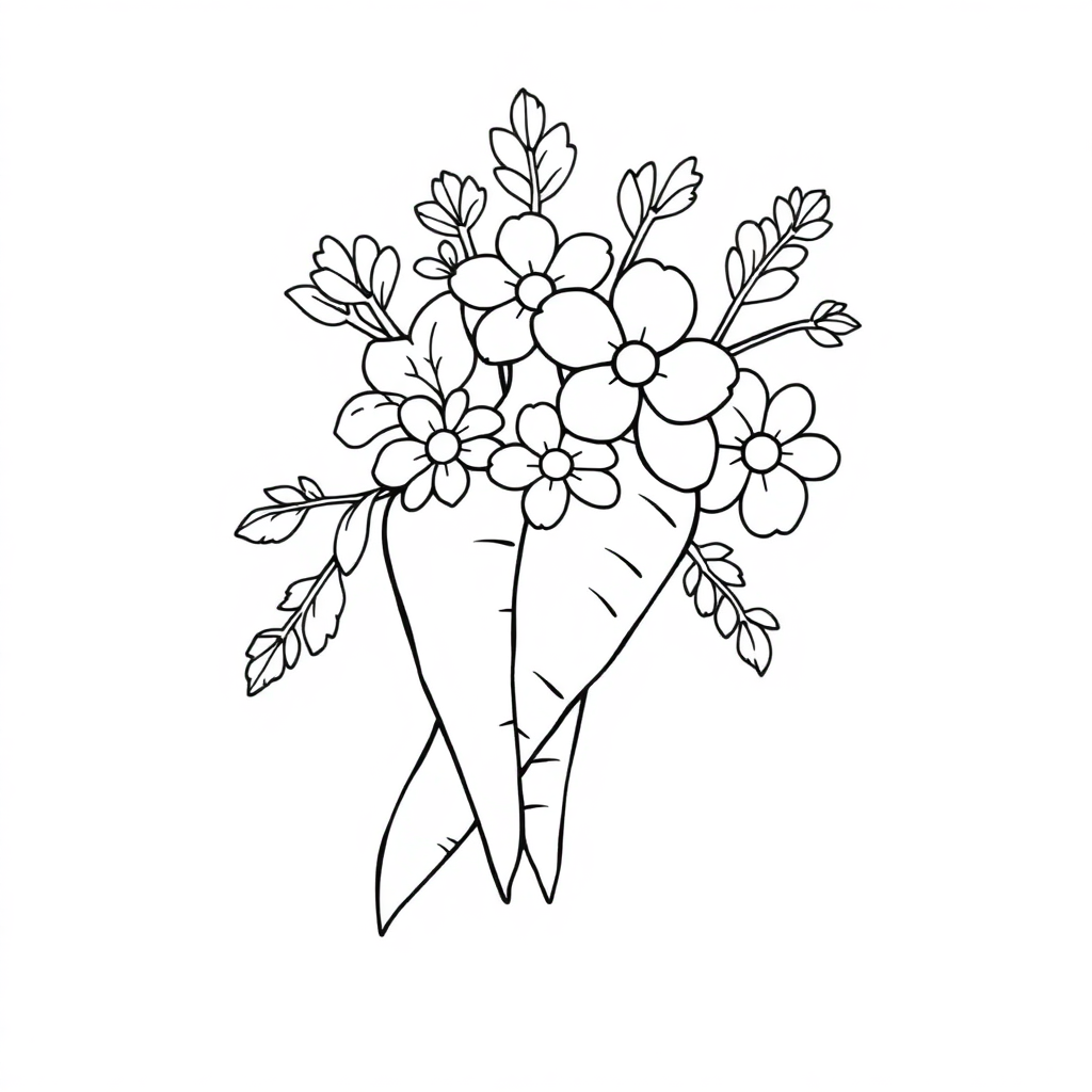 Carrot Bunch With Flowers Coloring Page