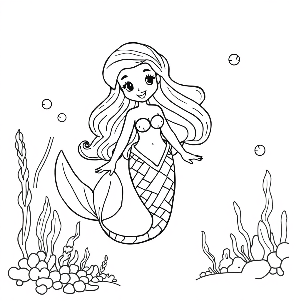 Cartoon Mermaid Underwater Coloring Page