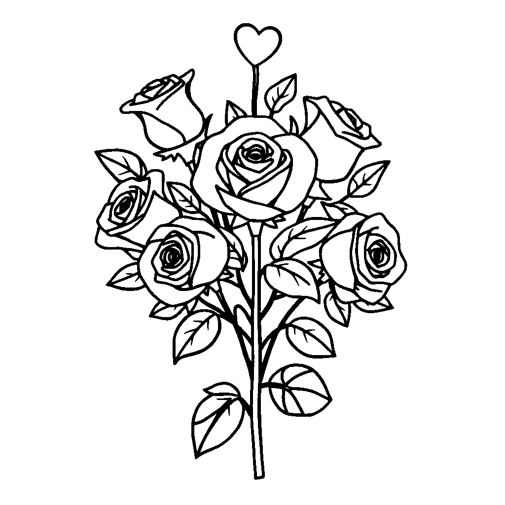 Cartoon Rose Bouquet Valentines Coloring Page