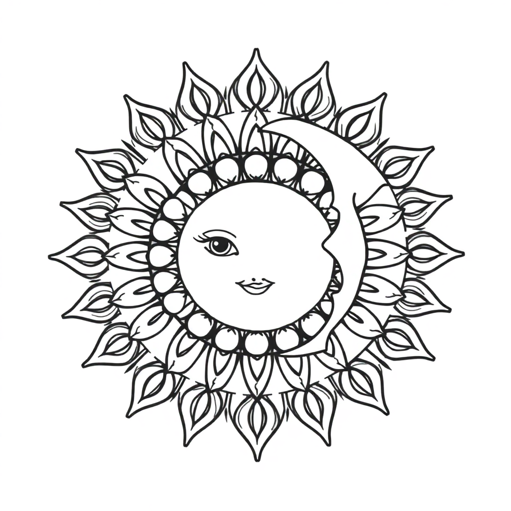 Cartoon Sun And Moon Mandala Coloring Page