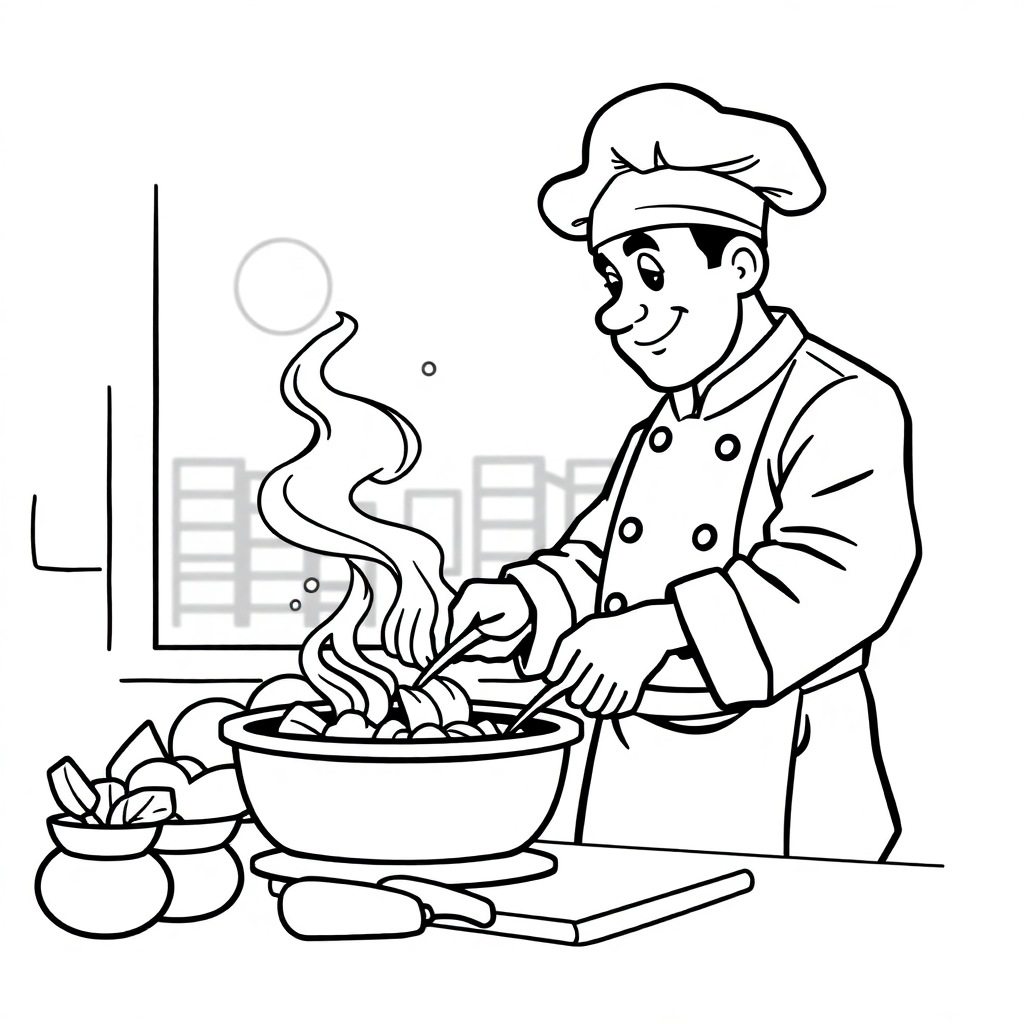 Chef Cooking At Night Coloring Page