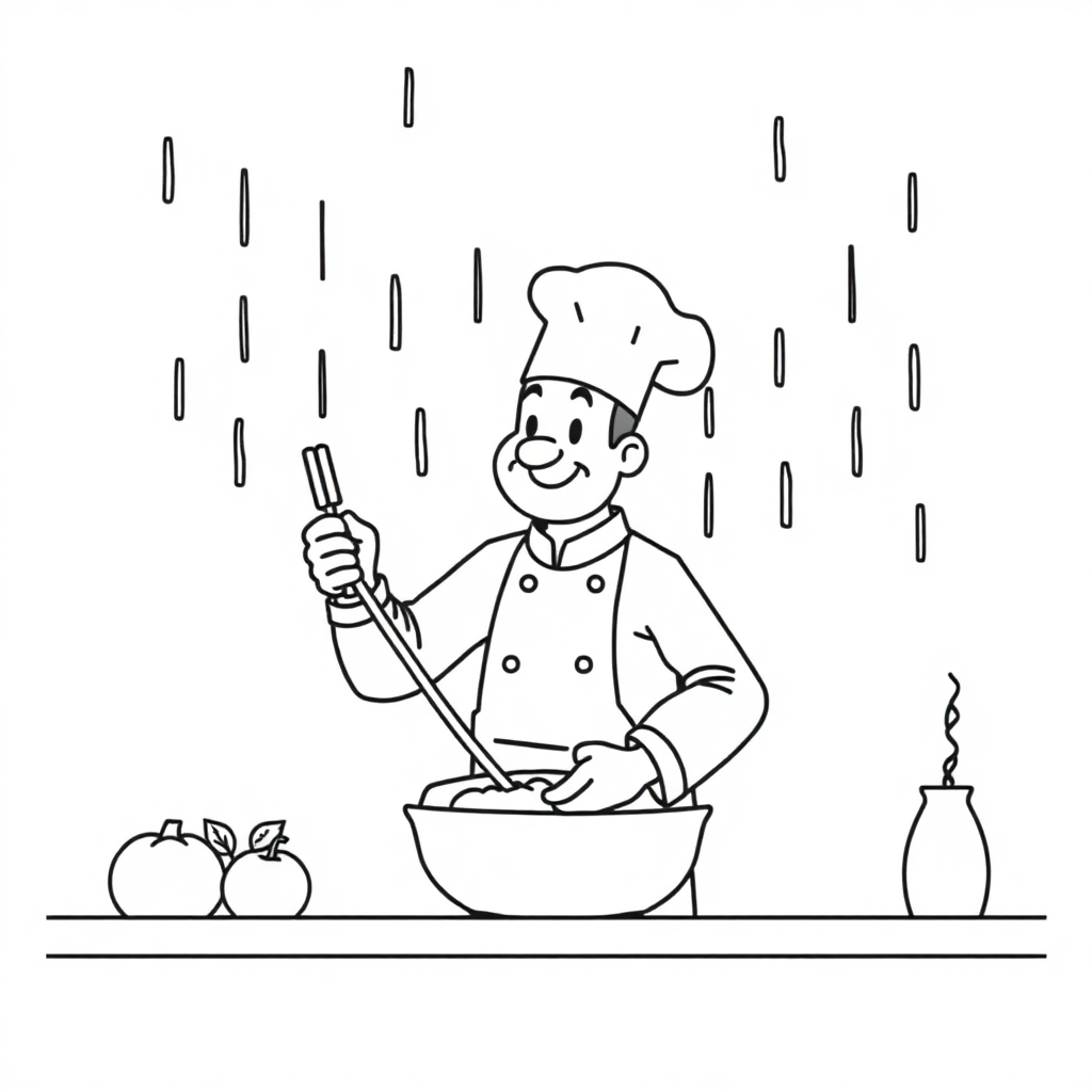 Chef Cooking In Rain Coloring Page