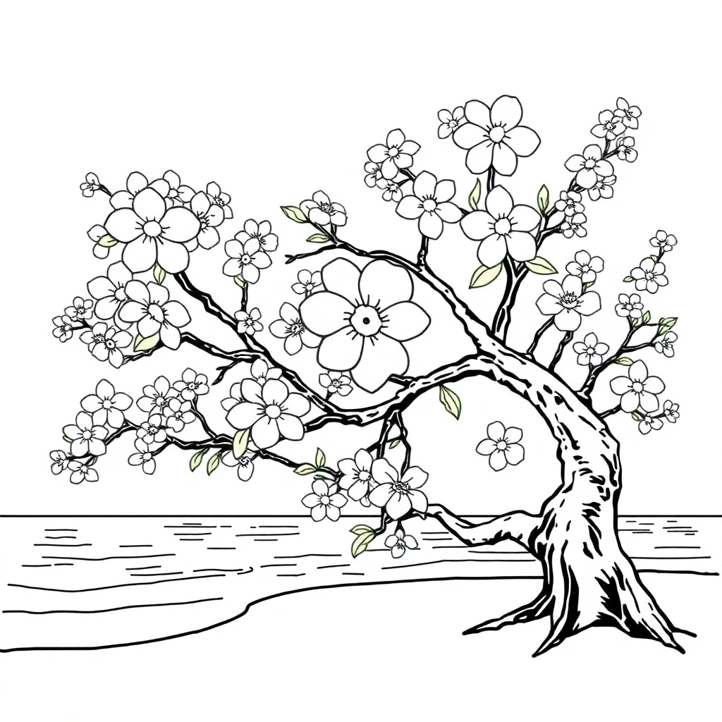 Cherry Blossom Tree On Beach Coloring Page