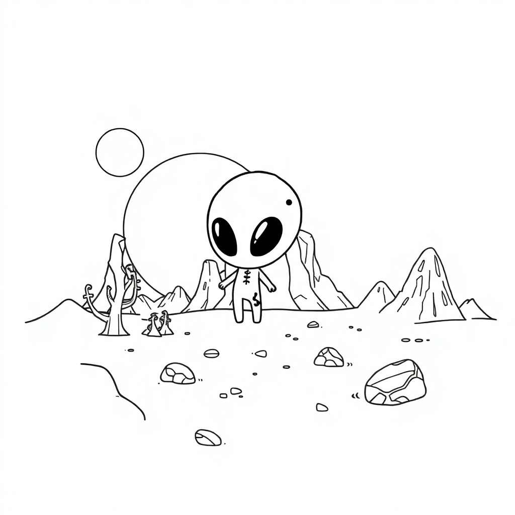 Chibi Alien Planet Landscape Coloring Page