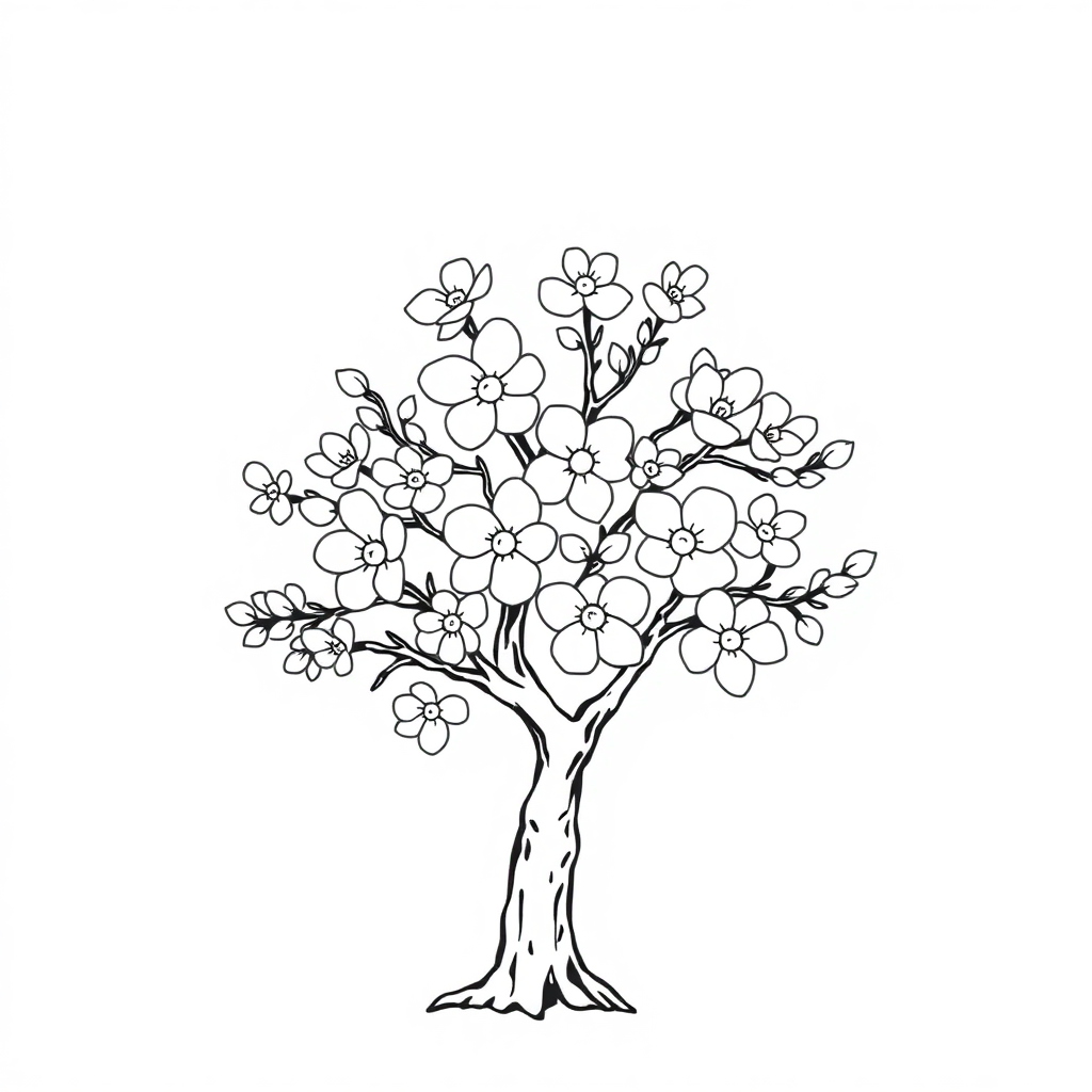 Detailed Chibi Cherry Blossom Tree Coloring Page