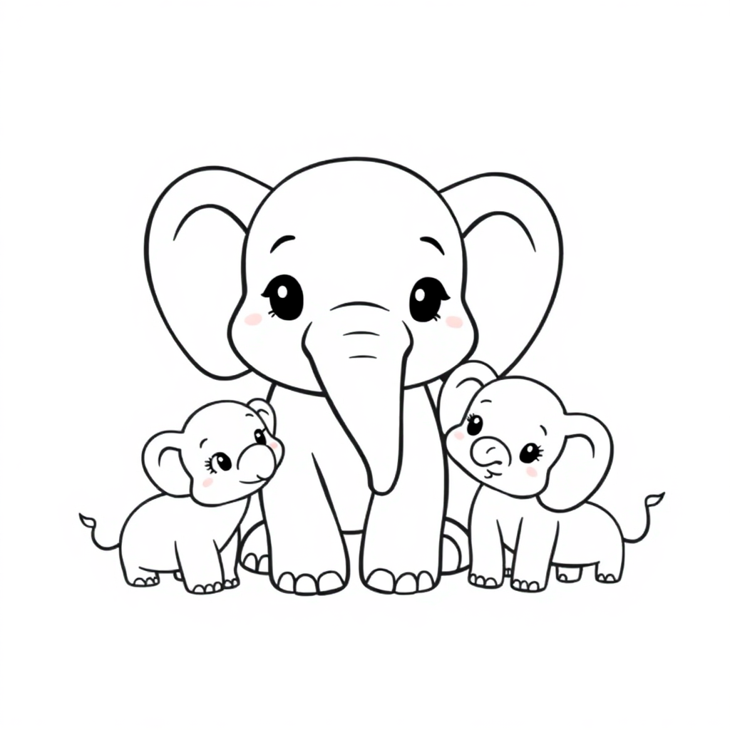 Chibi Elephant Family Coloring Page