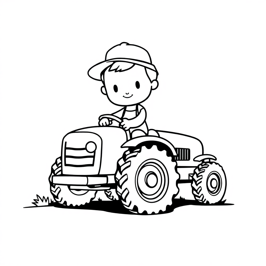 Printable Chibi Farmer With Tractor Coloring Page
