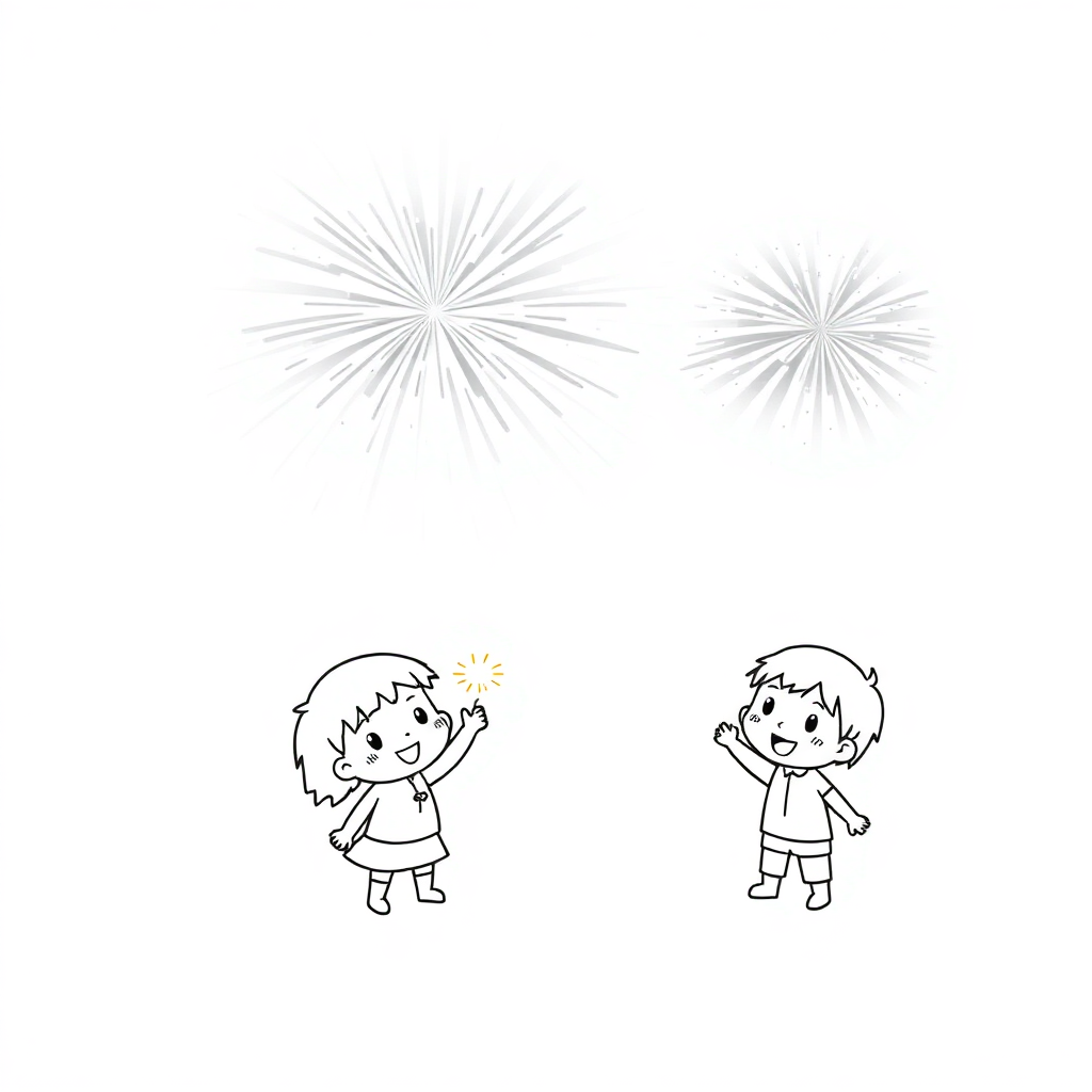 Chibi Fireworks Celebration Coloring Page