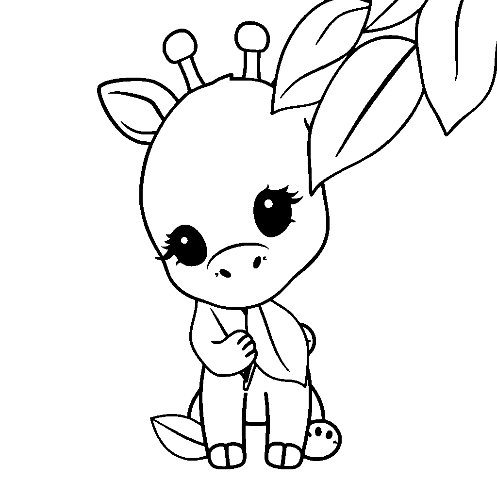 Chibi Giraffe Eating Leaves Coloring Page
