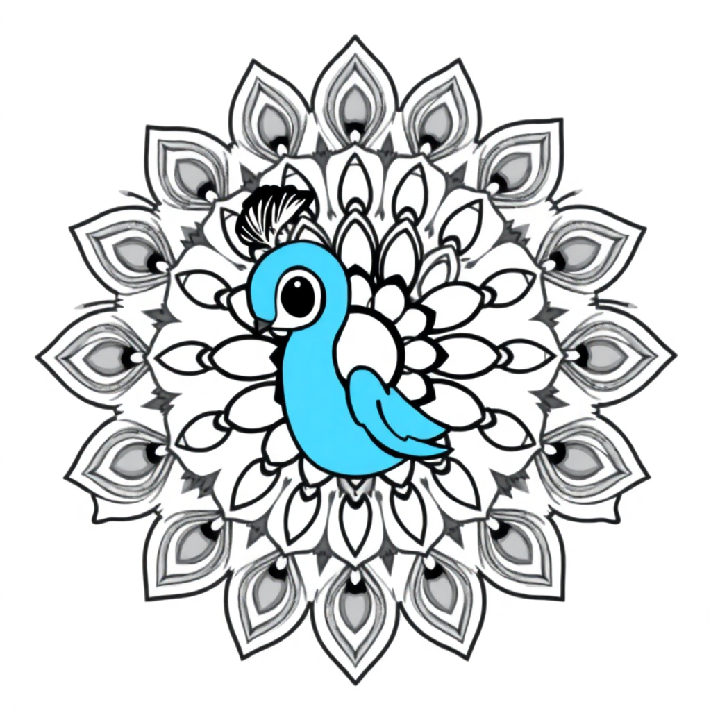 Chibi Peacock Feather Mandala Coloring Page