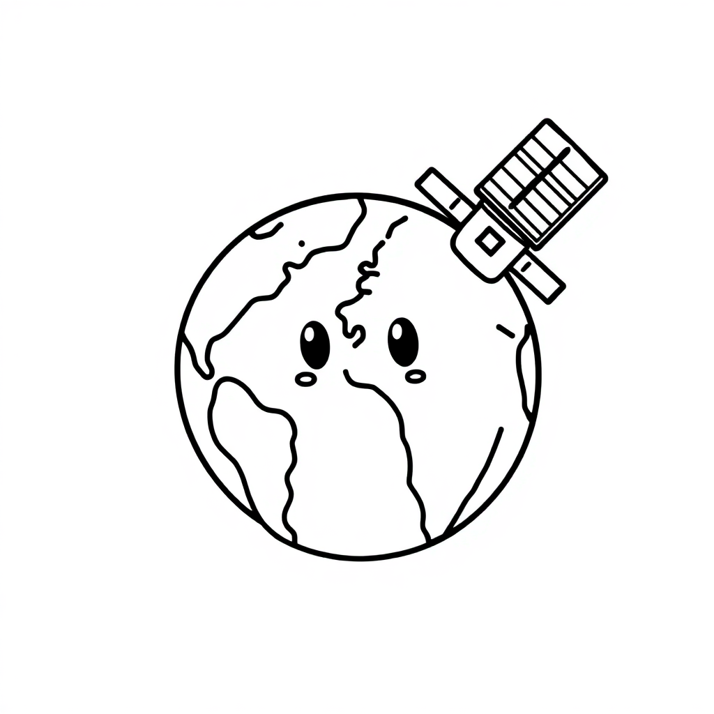 Chibi Satellite Orbiting Earth Coloring Page