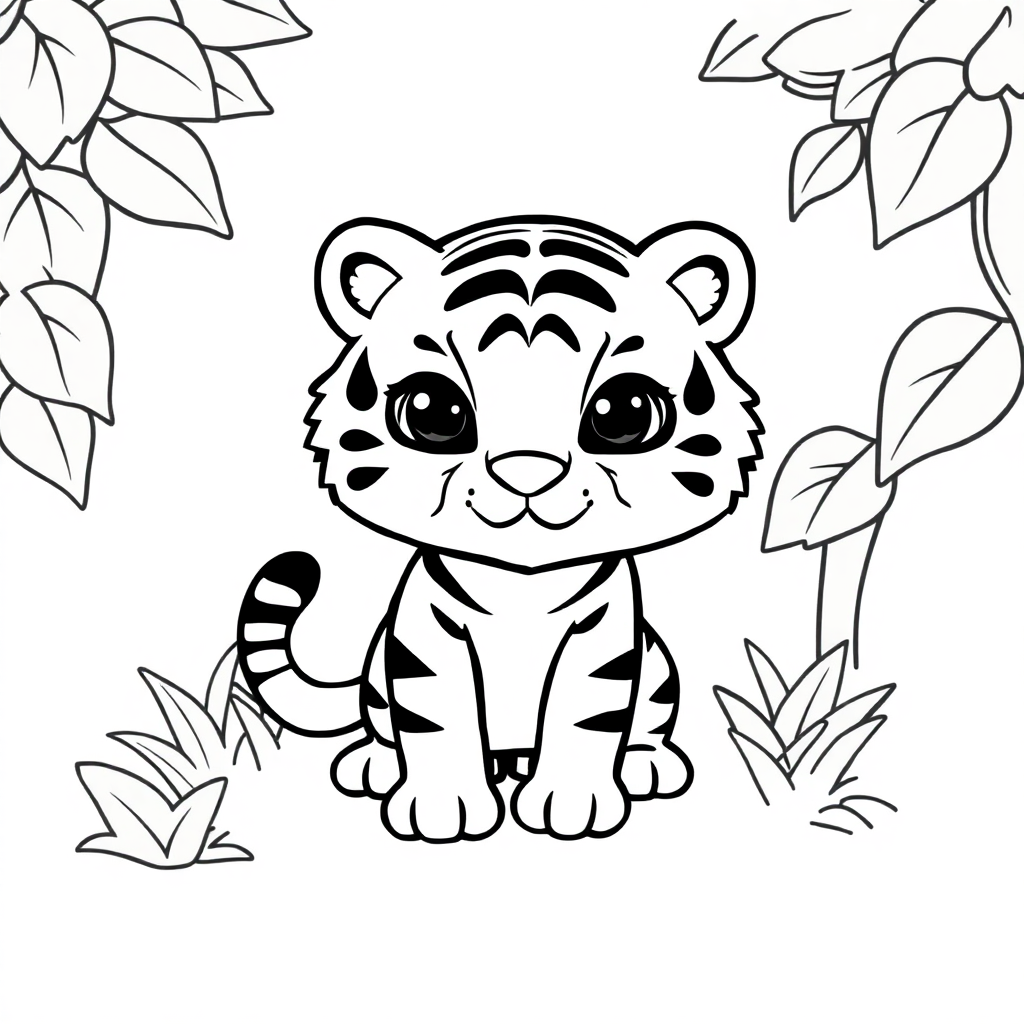 Chibi Tiger In Jungle Coloring Page