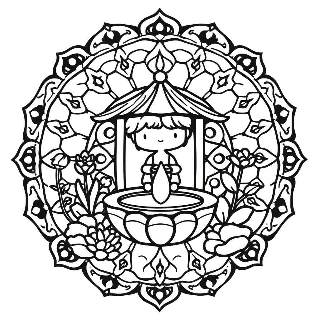 Chibi Zen Garden Mandala Coloring Page