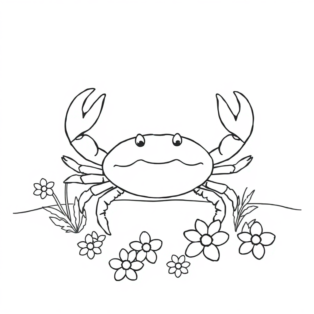 Crab On Beach With Flowers Coloring Page