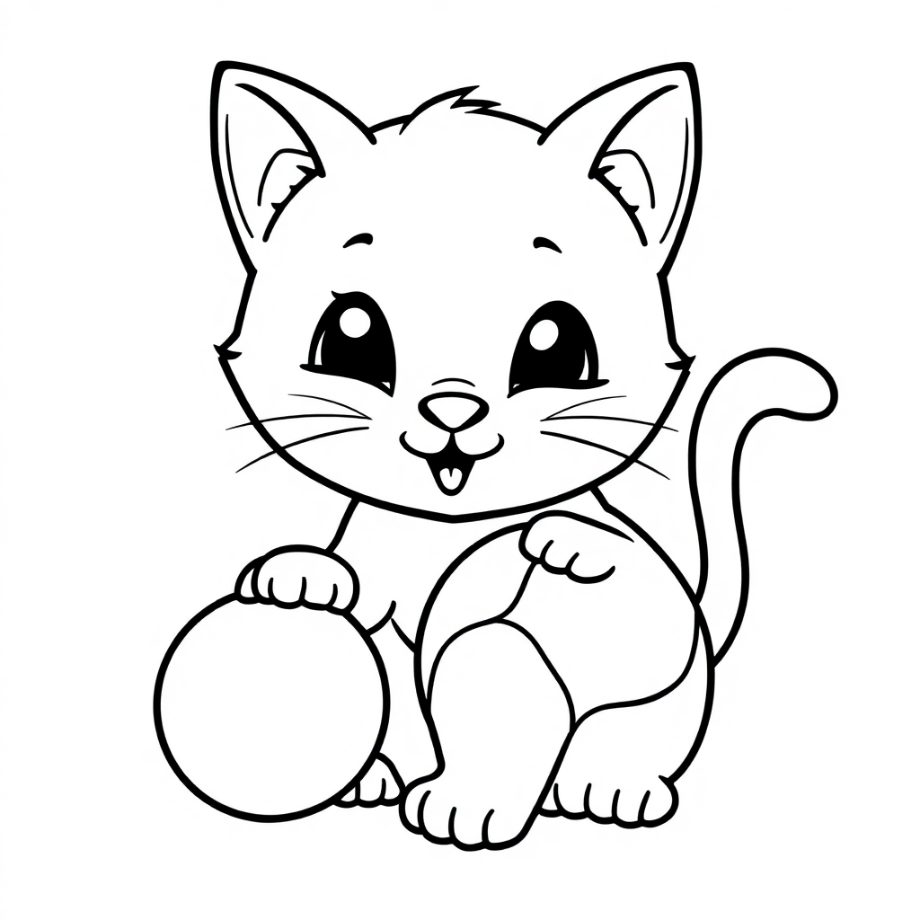Cute Cat Playing With Ball Coloring Page