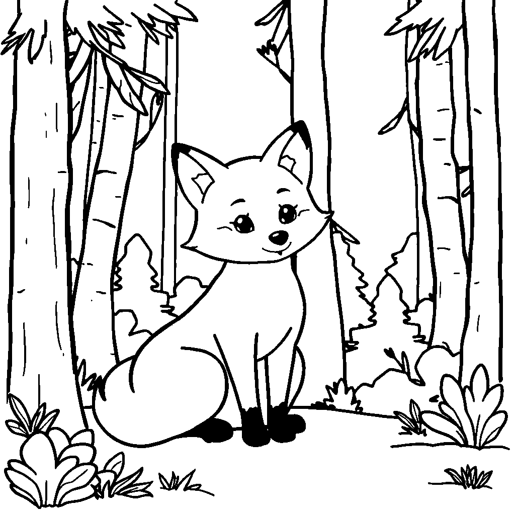 Cute Fox In Forest Coloring Page