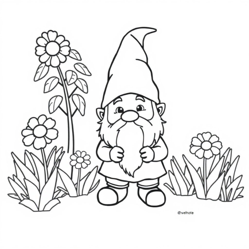 Cute Gnome In Garden Coloring Page