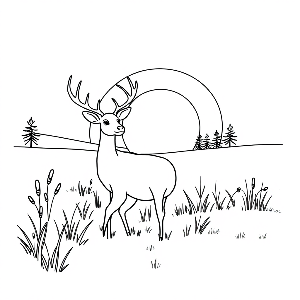 Deer In Meadow At Sunset Coloring Page