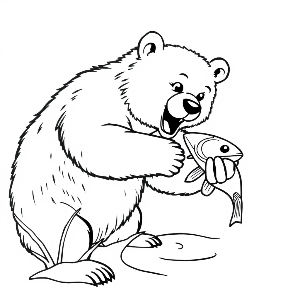 Detailed Bear Catching Fish Coloring Page