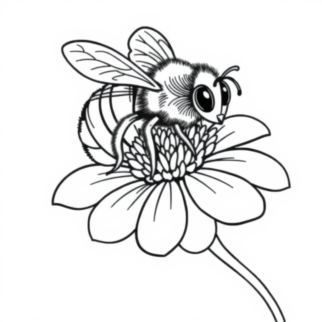 Printable Detailed Bee On Flower Coloring Page