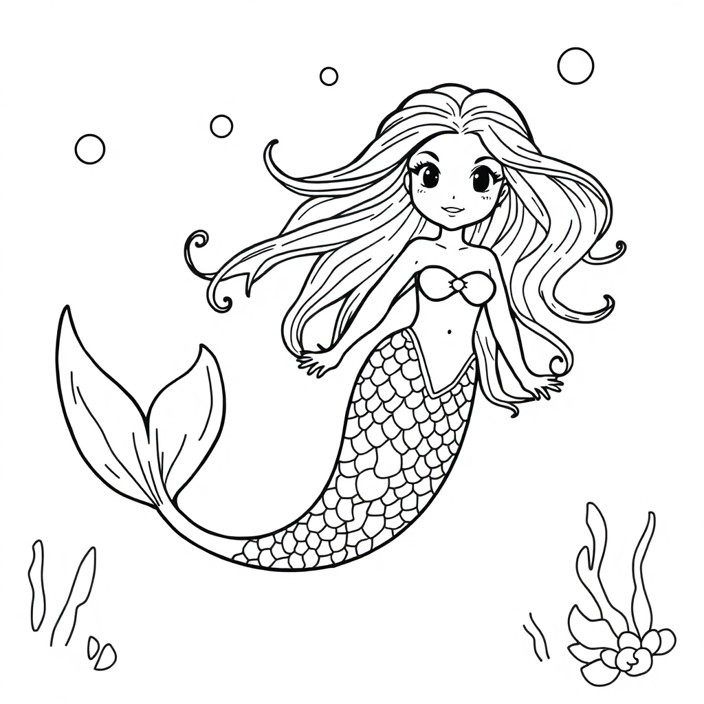 Detailed Mermaid Underwater Coloring Page