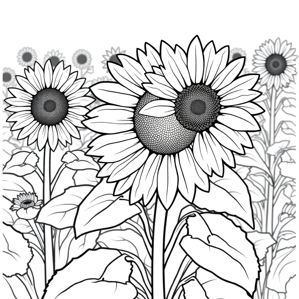 Detailed Sunflower Field Coloring Page