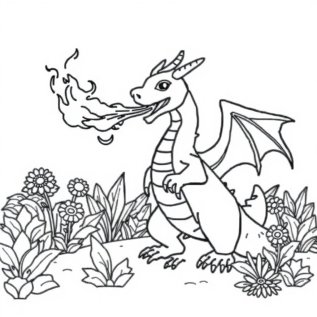 Dragon Breathing Fire In Garden Coloring Page