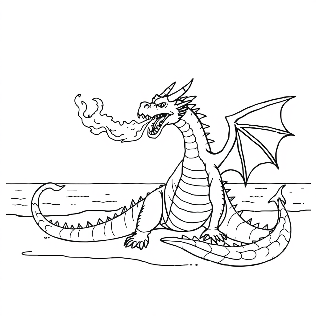 Dragon Breathing Fire On Beach Coloring Page
